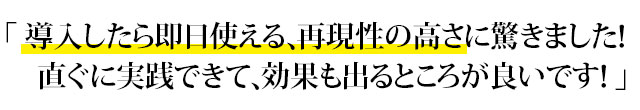 「導入したら即日使える、再現性の高さに驚きました!直ぐに実践できて、効果も出るところが良いです! 」
